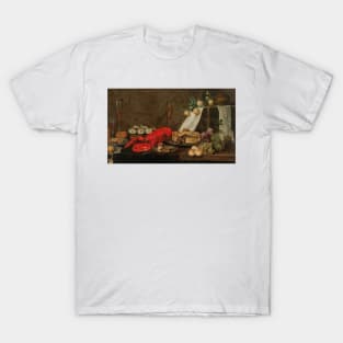 A Lobster, Oysters, Pastry, Mixed Fruit and Filled Wine Glasses on a Partially Draped Table by Frans Ykens T-Shirt